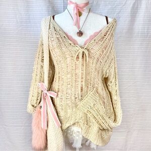 ♡ wide open neck long sleeve tunic style sweater with woven detailing ♡